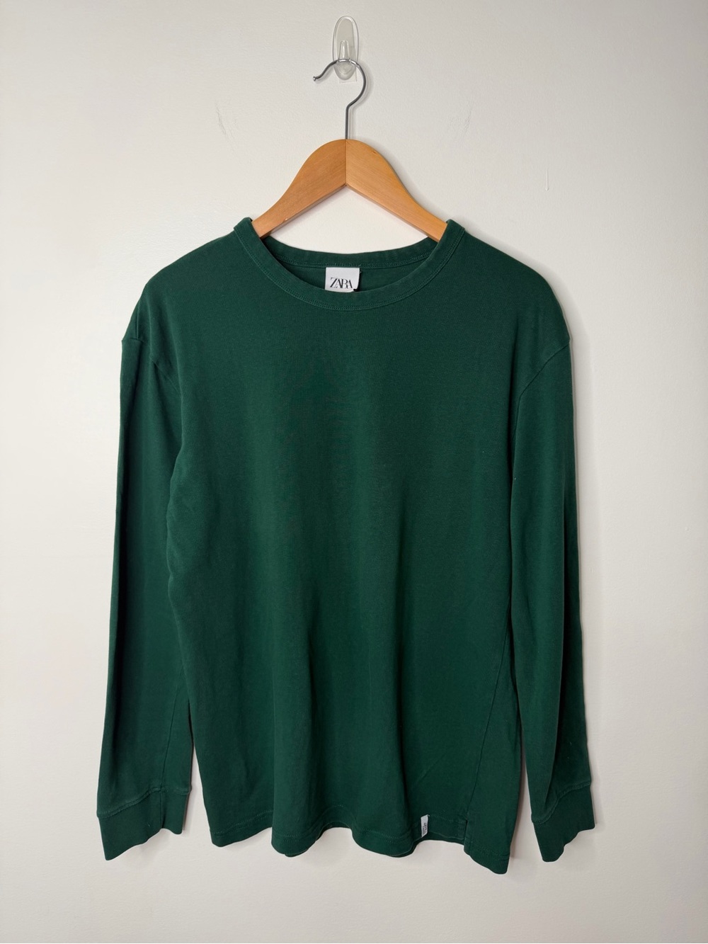 Zara Men’s Green Long Sleeve T Shirt Crewneck thick Minimalist Casual Top Size M
